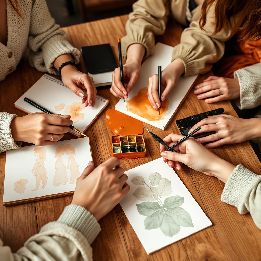 Women creating art together at a wooden table