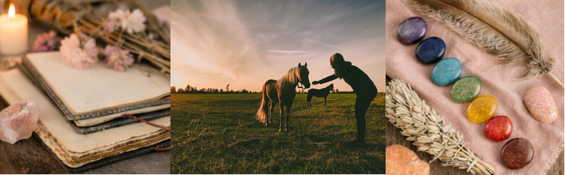 Equine retreat collage with horses and participants