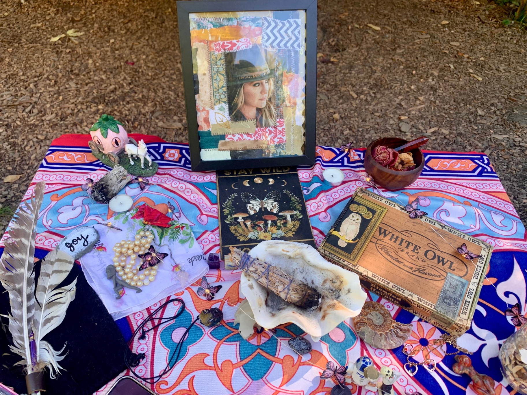 Sacred altar with collage art and crystals