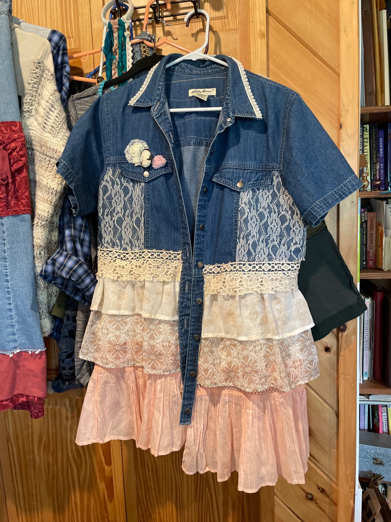 Upcycled denim and lace wearable art