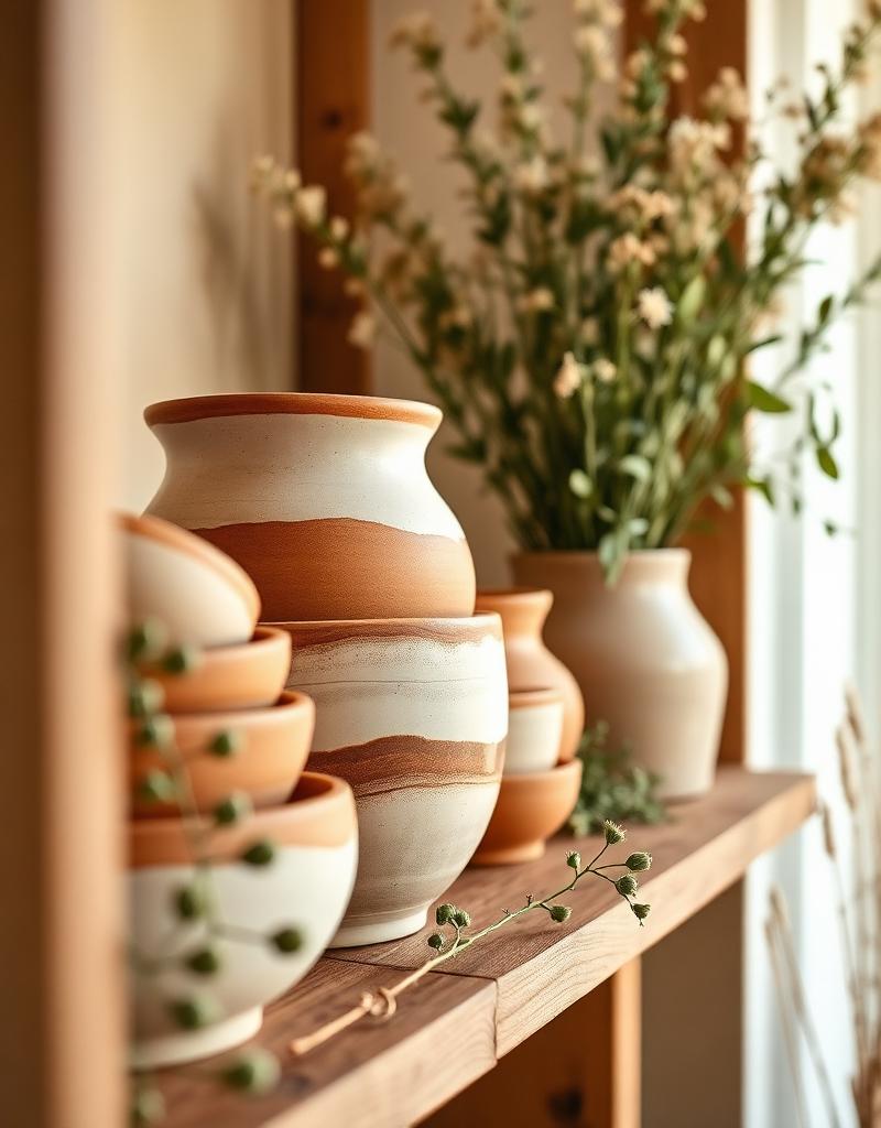 Handmade ceramic pottery on a wooden shelf