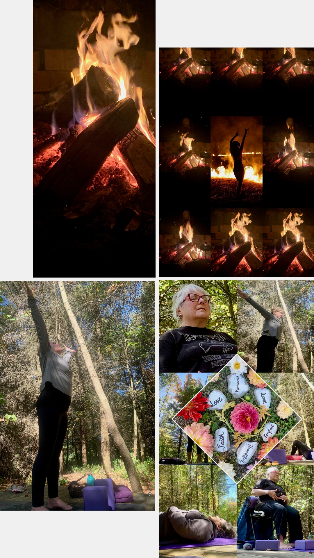 Evening bonfire, yoga in the woods, and flower stone art